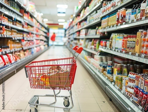 Clean, organized supermarket aisle featuring a red shopping cart parked at an angle, with well-stocked shelves of diverse products, creating a vibrant and inviting atmosphere.