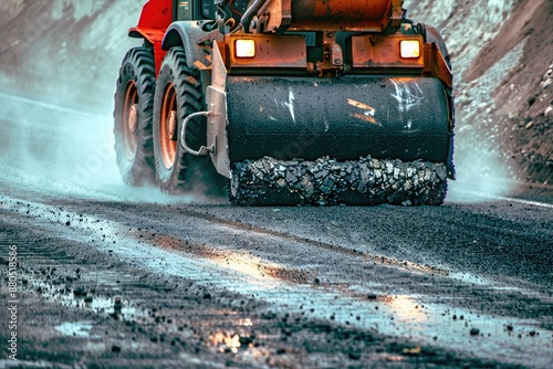 Road construction vehicle laying asphalt on a new road surface photo