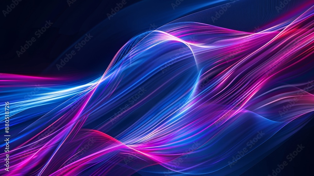 Fototapeta premium On dark blue background black, abstract light motion on colorful curves, digitally enhanced, rim light, light purple.