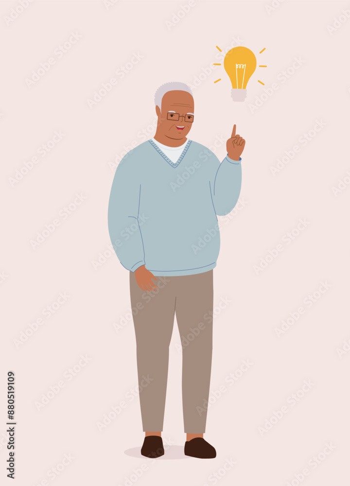 One Smiling Black Elderly Man Thinking With One Index Finger Pointing Up A Yellow Light Bulb.