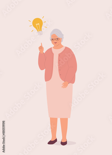 One Smiling Elderly Woman Thinking With One Index Finger Pointing Up A Yellow Light Bulb.