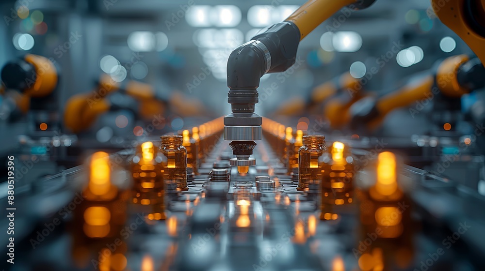 Robotic Arm Working on Assembly Line. Robotic arm working on an assembly line in a factory, demonstrating advanced technology in automotive manufacturing. Robotic Arm Working on Assembly Line. Robotic arm working on an assembly line in a factory, demonstrating advanced technology in automotive manufacturing.