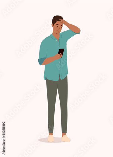 One Black Man Looking Distressed With His Mobile Phone.