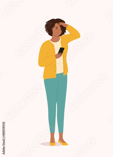 One Black Woman Looking Distressed With Her Mobile Phone.