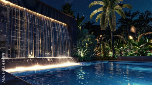 Nighttime Pool with Waterfall and Tropical Plants