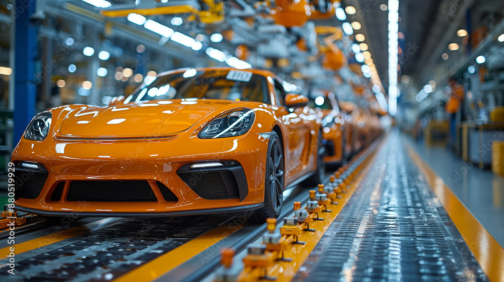 Orange Cars on Automated Production Line. Orange cars on an automated production line in a factory, highlighting the efficiency and precision of automotive manufacturing.