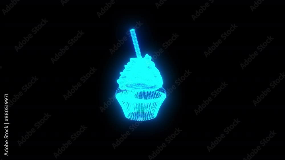 3D cupcake rotates on black background. Object made of shimmering particles. Food snack concept. For title, text, and presentation. 3d animation 30 FPS. 3D cupcake in hologram spinning