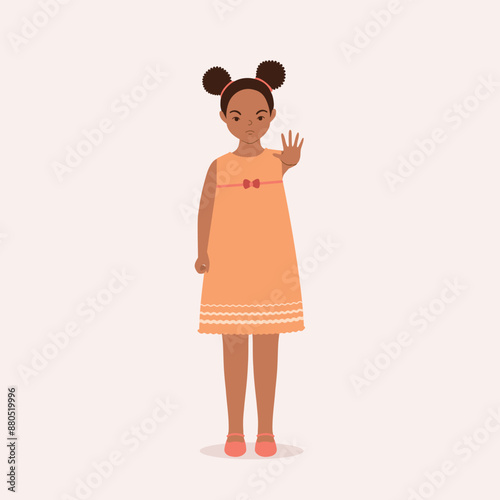 One Angry Black Little Girl Standing With One Hand Showing Stop Gesture.