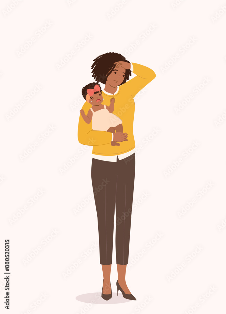 Working Black Mother Stressed By Taking Care Of Her Crying Baby Girl. Working Black Mother Stressed By Taking Care Of Her Crying Baby Girl.