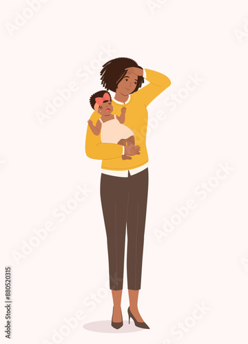 Working Black Mother Stressed By Taking Care Of Her Crying Baby Girl.