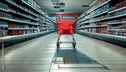 Empty red shopping cart in a supermarket aisle, casting a shadow on the tiled floor, with rows of neatly arranged products on either side, illuminated by bright overhead lights.