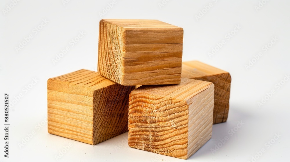 The soft white background is dominated by five wooden blocks. The soft white background is dominated by five wooden blocks.