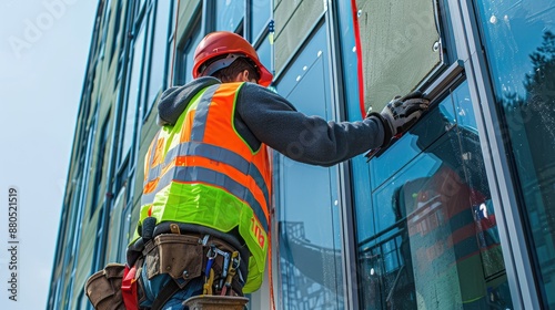 Construction worker installing glass facade on modern building photo