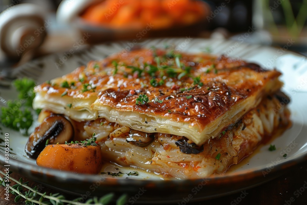 A serving of kulebyaka, a multi-layered pie filled with salmon, mushrooms, and rice, presented on a wooden board. A serving of kulebyaka, a multi-layered pie filled with salmon, mushrooms, and rice, presented on a wooden board.