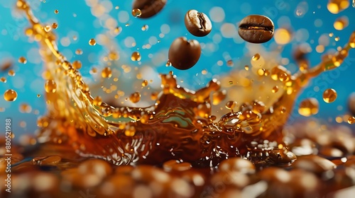 Coffee splash with coffee beans isolated on a blue background photo