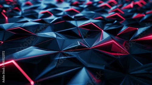 3D illustration of futuristic technology with polygonal shapes on dark blue background. Conceptual design.