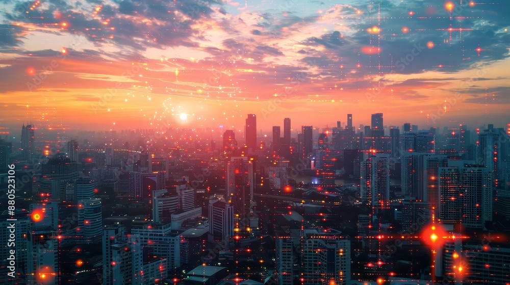 Fototapeta premium An aerial panorama of Bangkok at sunset, featuring a glowing hologram of the technological process. Bangkok is Southeast Asia's largest innovative hub for technology.