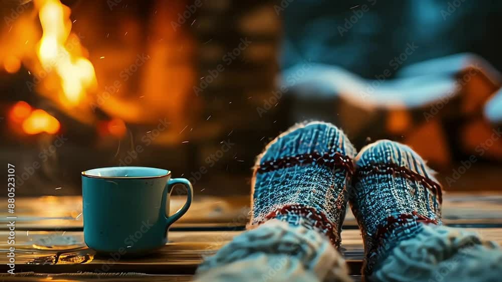 Feet in woollen socks by the Christmas fireplace. Woman relaxes by warm fire with a cup of hot drink and warming up her feet in woollen socks. Close up on feet. Winter and Christmas holidays concept.