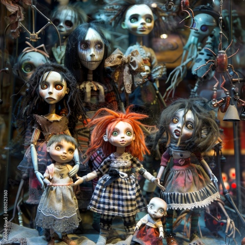 lots of dolls in a shop window holding smaller dolls in their arms