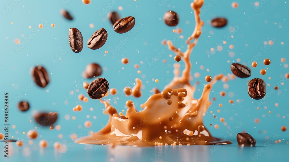 Obraz premium Coffee splash with coffee beans isolated on a blue background