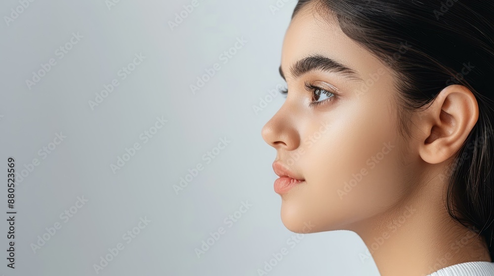 Naklejka premium Detailed halfprofile portrait of a young Asian woman capturing her beauty and elegance.
