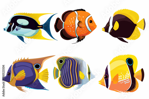 Colorful tropical sea fish ocean saltwater cartoon vector set