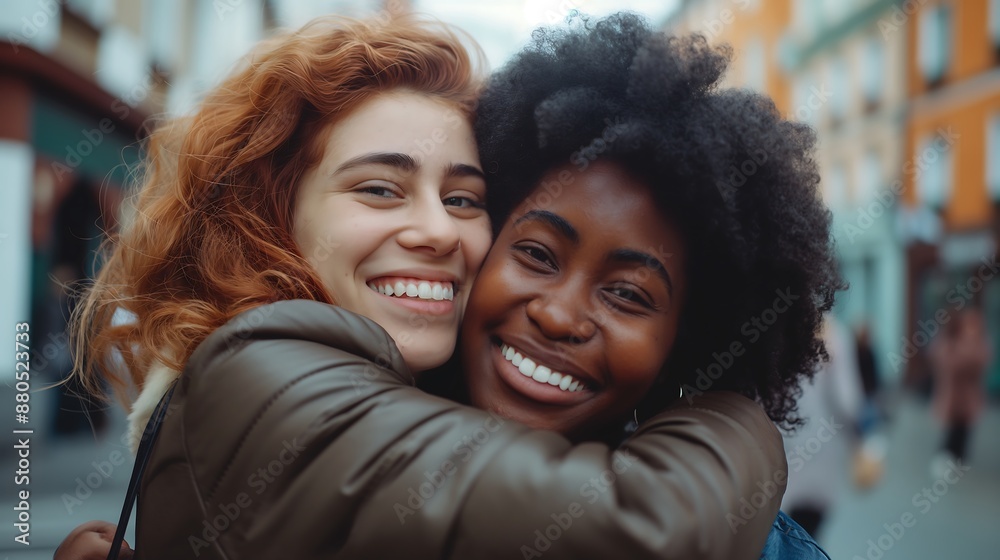 Two close female friends happily embrace each other. A moment of friendship and happiness meets.