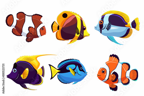 Colorful tropical sea fish ocean saltwater cartoon vector set