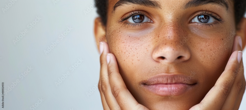 Close-Up Portrait of Beautiful Young Woman with Freckles Gently Touching Face, Skin Care Concept