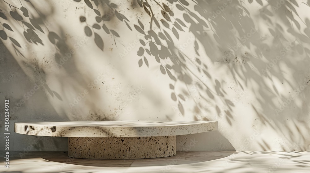 Stunning 3D luxury organic cosmetic, skincare, beauty treatment product background with beige brown cement curve counter podium, dappled sunlight and leaf shadow on white wall.