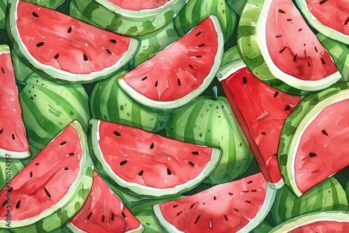 Watercolor fruit pattern, juicy watermelons, bright red slices, fresh green rind, playful design