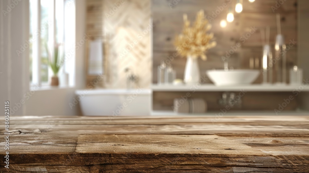 With blurred bathroom interior background, an empty tabletop displays products With blurred bathroom interior background, an empty tabletop displays products