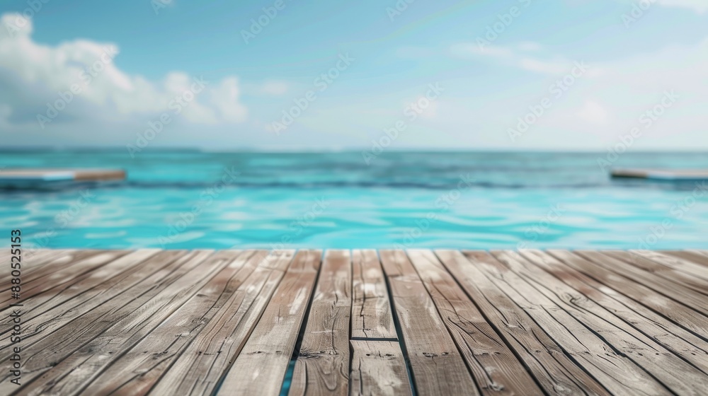 Background of blurred sea and foreground of wood decking of a resort Background of blurred sea and foreground of wood decking of a resort