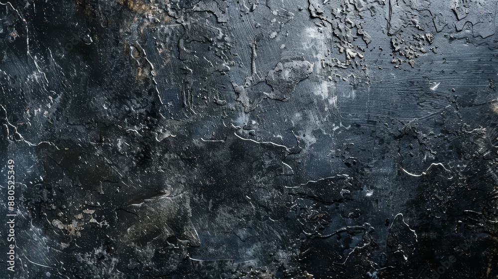 Obraz premium A black abstract concrete background with grunge texture. A dark wallpaper background, a blackboard, a chalkboard. Top view, copy space. A banner.