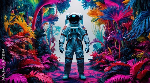 Astronaut standing in the center of a vibrant, colorful psychedelic forest.