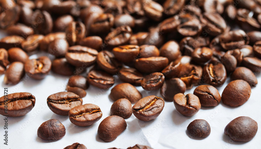 A heap of roasted coffee beans on a white table.