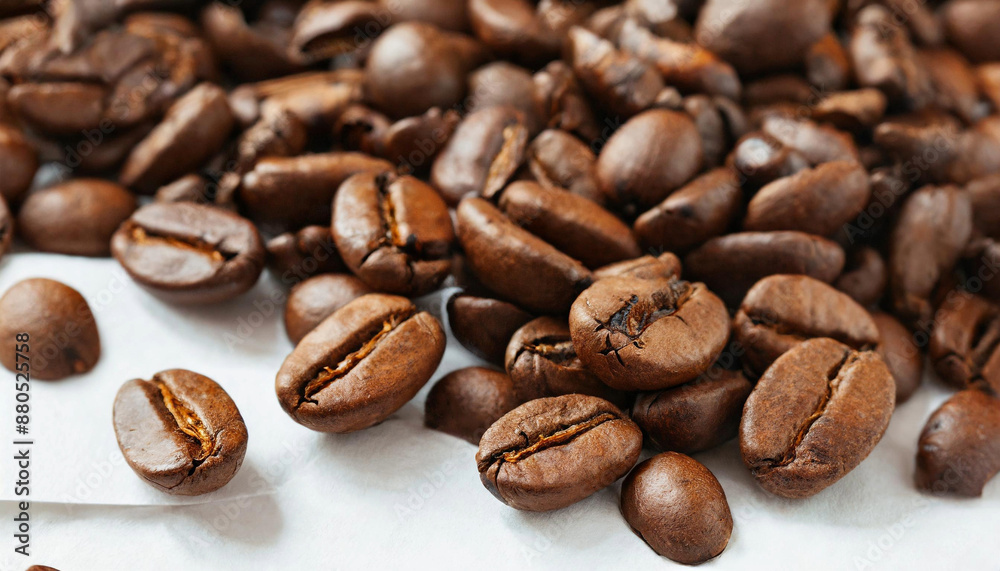 A heap of roasted coffee beans on a white table. A heap of roasted coffee beans on a white table.