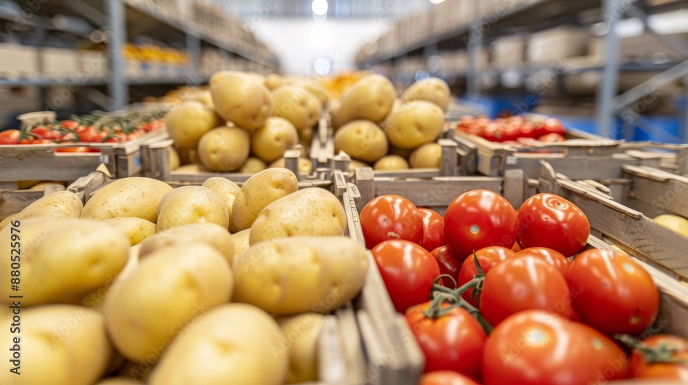 Rows of crates with potatoes and tomatoes in a spacious distribution center, high-resolution, realistic details, clean and organized setup, focus cover all object Rows of crates with potatoes and tomatoes in a spacious distribution center, high-resolution, realistic details, clean and organized setup, focus cover all object