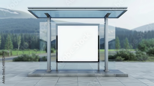 Stylish bus stop shelter with glass and aluminum structure, empty billboard for advertisements, high-resolution realistic photo, focus cover all object