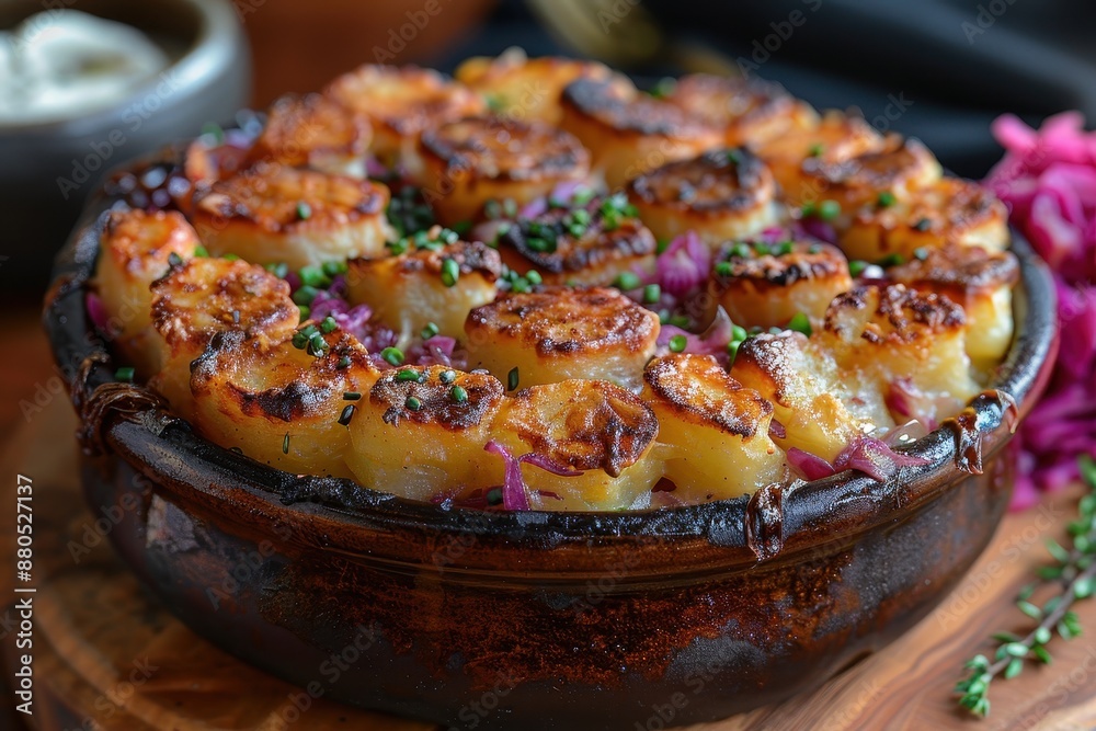 A serving of Lancashire hotpot, with layers of lamb and potatoes, baked until golden and served with pickled red cabbage. A serving of Lancashire hotpot, with layers of lamb and potatoes, baked until golden and served with pickled red cabbage.