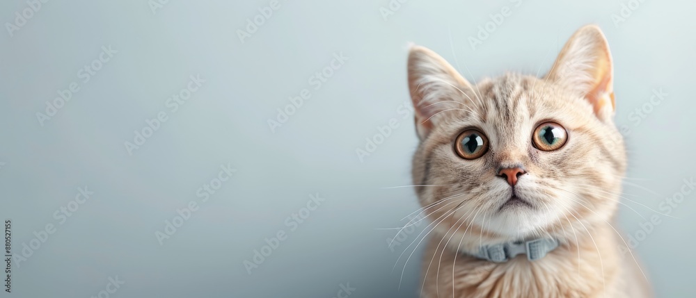 Obraz premium Close-up of a curious cat with a blue collar against a light background, creating a minimalist and charming portrait.