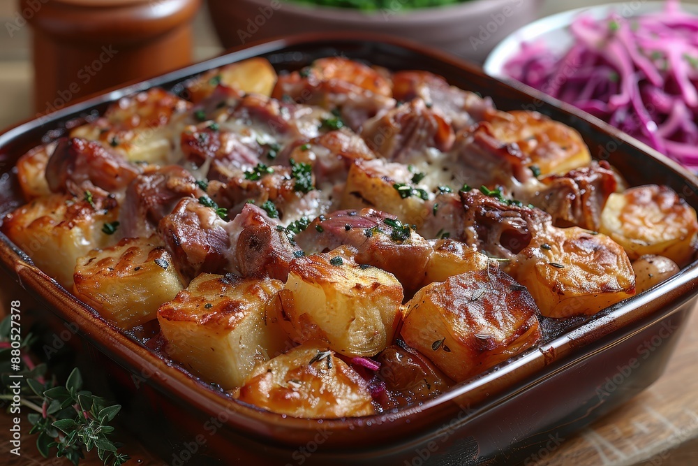 A serving of Lancashire hotpot, with layers of lamb and potatoes, baked until golden and served with pickled red cabbage. A serving of Lancashire hotpot, with layers of lamb and potatoes, baked until golden and served with pickled red cabbage.