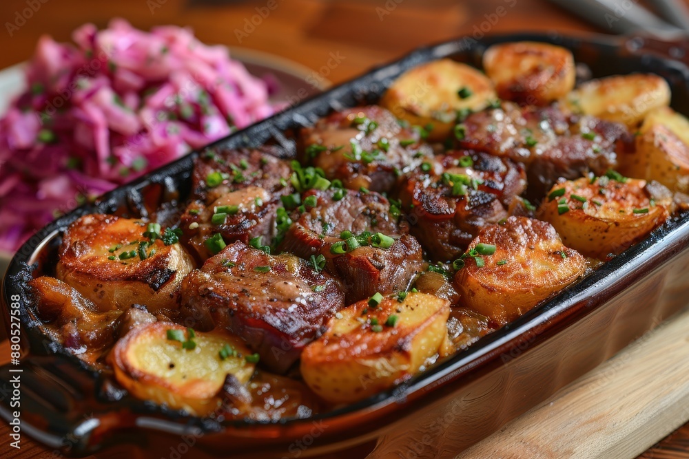 A serving of Lancashire hotpot, with layers of lamb and potatoes, baked until golden and served with pickled red cabbage. A serving of Lancashire hotpot, with layers of lamb and potatoes, baked until golden and served with pickled red cabbage.