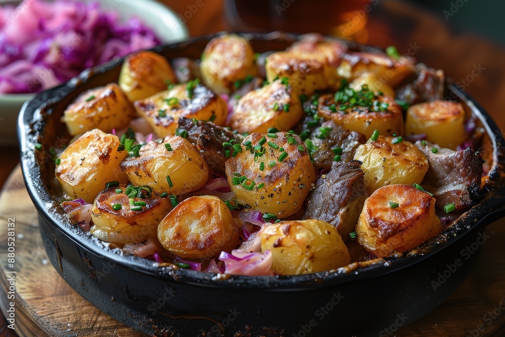 A serving of Lancashire hotpot, with layers of lamb and potatoes, baked until golden and served with pickled red cabbage. A serving of Lancashire hotpot, with layers of lamb and potatoes, baked until golden and served with pickled red cabbage.