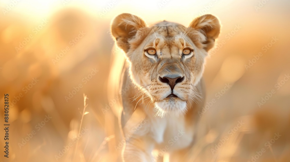 Close-up of a majestic lioness walking through the golden savanna at sunrise, showcasing the beauty and power of wildlife in nature. Close-up of a majestic lioness walking through the golden savanna at sunrise, showcasing the beauty and power of wildlife in nature.