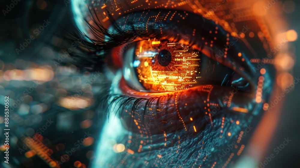 Hacker or AI robot eye in dark tech space, cyborg vision on digital background. Concept of cyber security, technology, future, data, artificial intelligence, hack, network Hacker or AI robot eye in dark tech space, cyborg vision on digital background. Concept of cyber security, technology, future, data, artificial intelligence, hack, network