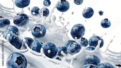 Blueberries falling into milk or cream splash isolated on a white background 