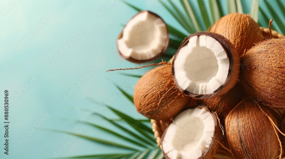 Close-up of fresh coconuts in a tropical setting with green palm leaves and clear blue background, perfect for summer and vacation themes. Close-up of fresh coconuts in a tropical setting with green palm leaves and clear blue background, perfect for summer and vacation themes.
