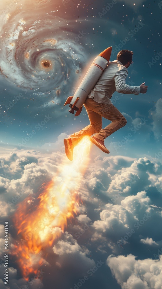 A professional man flying with rocket power, indicating ambition and success A professional man flying with rocket power, indicating ambition and success