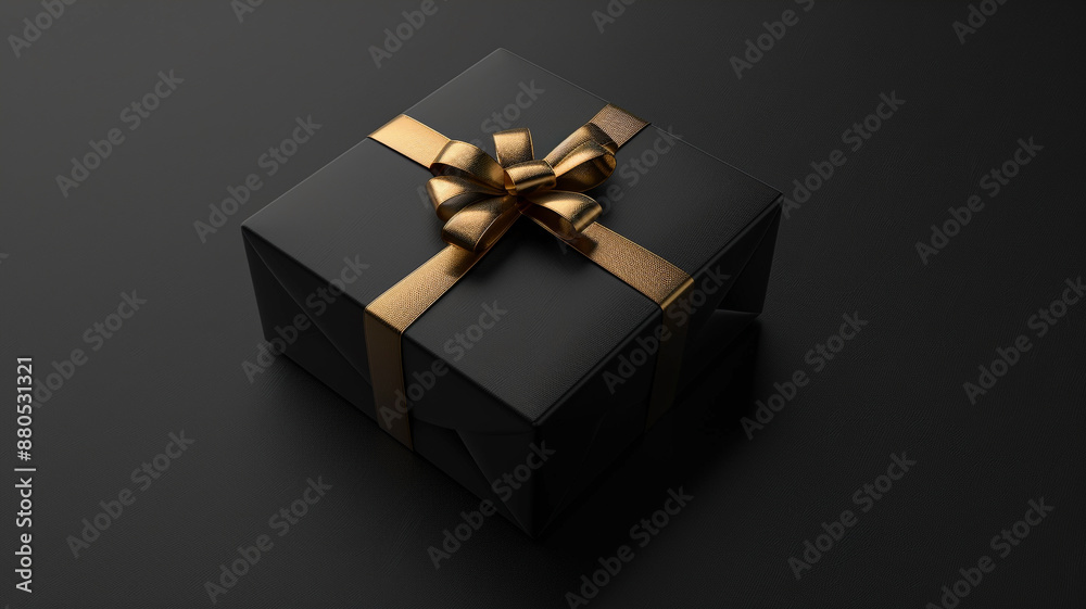 A black gift box representing a luxury gift with a golden band on a black background. A black gift box representing a luxury gift with a golden band on a black background.